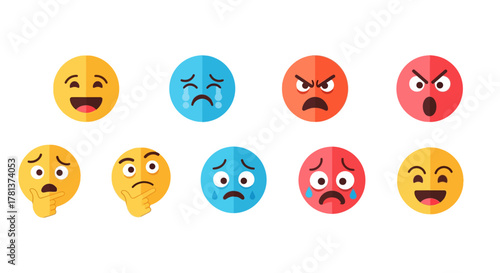 Colorful emoji faces expressing various emotions on white background