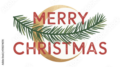Rustic merry christmas greeting with pine branch and golden moon graphic design