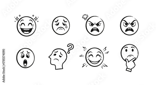 Expressive cartoon faces: emotions and reactions in black and white doodles