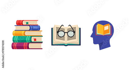 Colorful book icons with brain connection and reading concept in modern flat design