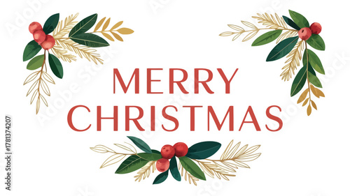 Elegant merry christmas greeting with festive holly berries and pine branches in a decorative border