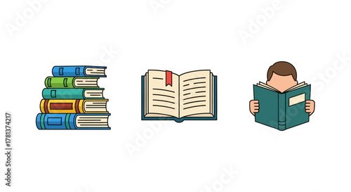 Colorful books and reading concept with cartoon style icons