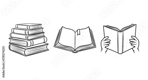 Linear black and white book graphics: stacked, open, and held