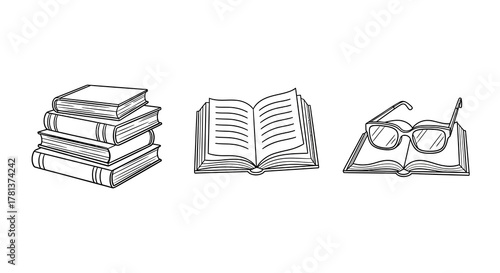 Books and glasses line art set for education and study themes