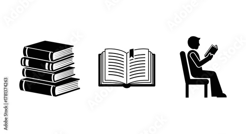 Silhouette icons of books and reading: stacked books, open book, seated reader