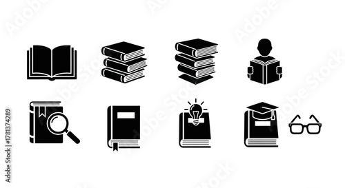 Collection of book and reading icons in black silhouette style