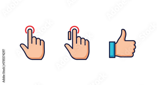 Colorful flat design icons: hand gestures clicking and thumbs up symbol
