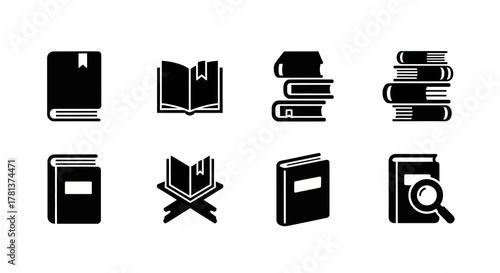 Set of black book icon designs for libraries and reading apps