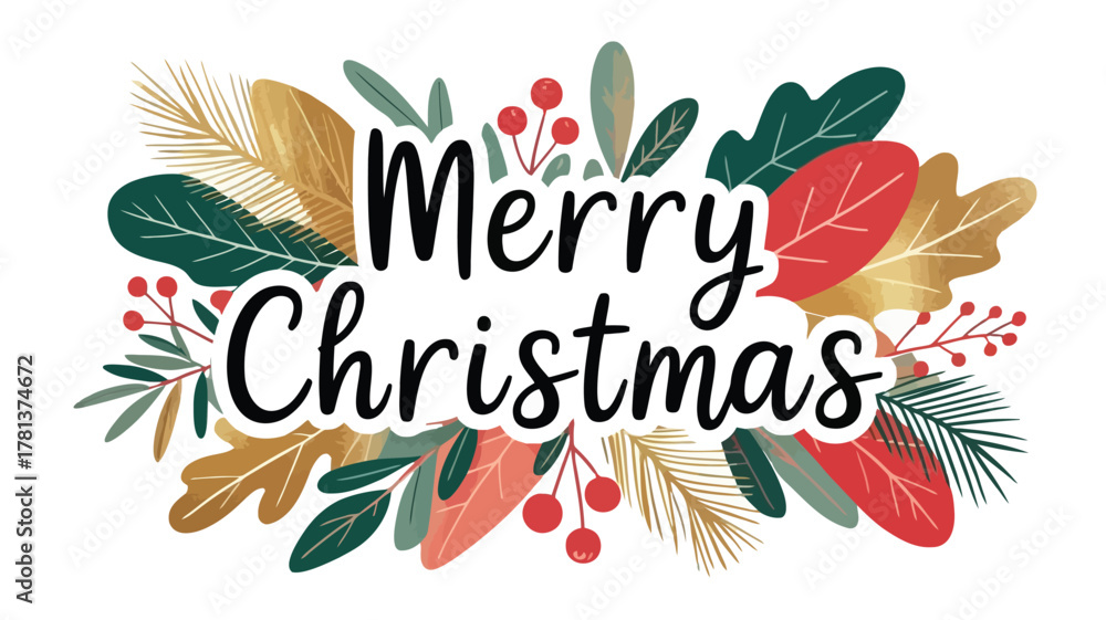 Obraz premium Merry christmas greeting text surrounded by festive foliage and red berries in a modern flat design