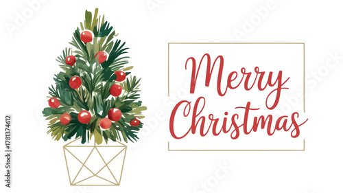 Watercolor christmas tree with red berries and elegant merry christmas greeting in a frame