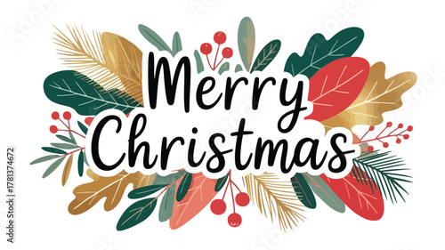 Merry christmas greeting text surrounded by festive foliage and red berries in a modern flat design