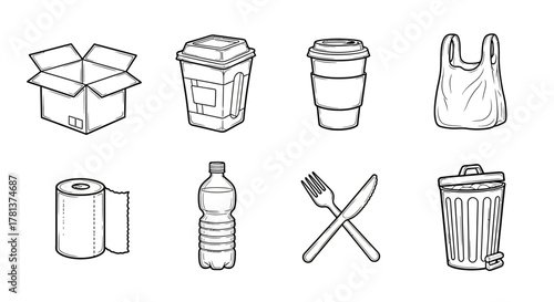 Linear icons of disposable items: packaging, cups, bags, and more