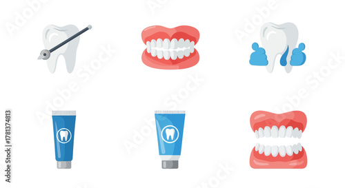 Dental care icons set with teeth and toothpaste graphics