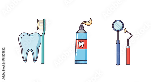 Dental care essentials: toothbrush, toothpaste, and tools in flat style design