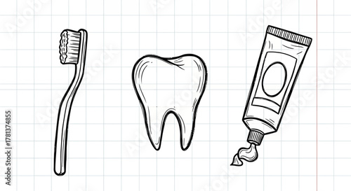 Hand drawn dental care essentials: toothbrush, tooth, and toothpaste