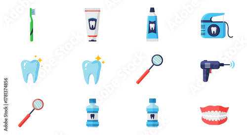 Dental care icons set: toothbrush, toothpaste, floss, tooth, mouthwash, and tools in flat design