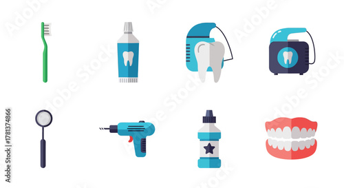 Essential dental care icons: modern flat design collection for oral health