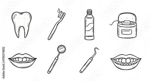 Hand drawn dental care icons set on grid background