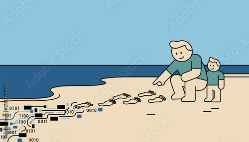 A parent explaining the concept of digital footprints using footprints in the sand turning into binary code as a visual metaphor.