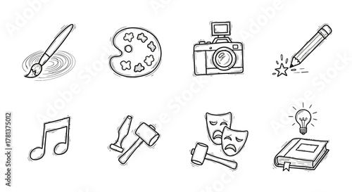 Artistic doodle icons featuring brush, palette, camera, pencil, music, theater, creativity