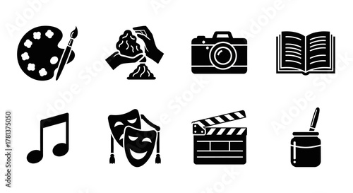 Creative icons set featuring art palette, pottery, camera, book, music note, comedy mask, clapperboard, and ink jar