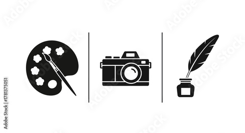 Artistic tools icons set featuring palette, camera, and quill in minimalist style