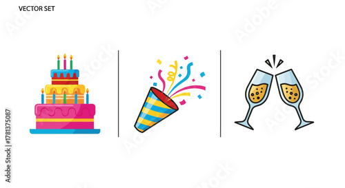 Colorful celebration set with cake, party popper, and champagne glasses