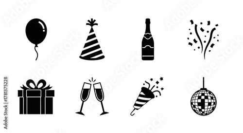 Celebration icons: party hat, champagne, and festive elements in black silhouettes