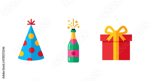 Colorful festive icons featuring party hat, champagne bottle, and gift box in flat design