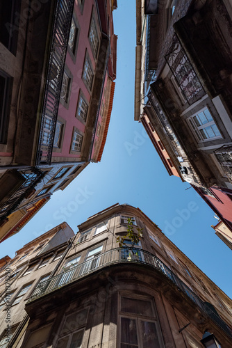 Center of the city of Porto, Portugal, with a blue sky in background.