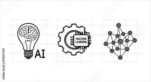 Hand drawn ai and machine learning icons with neural network design