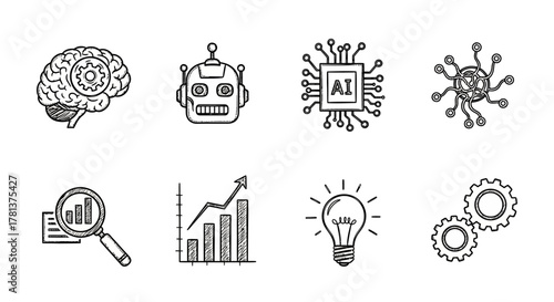 Hand drawn technology icons: ai, robotics, and data analytics in doodle style