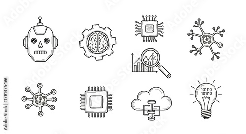 Hand drawn technology icons: robot, gear, cloud, and ai elements for innovation concepts