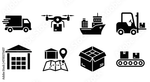 Logistics and delivery icon set featuring transport, drone, and packaging symbols in black silhouette style