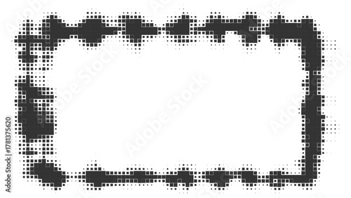 Abstract black halftone pixelated rectangular frame with fading texture, retro dotted border design, minimal monochrome background pattern, modern layout vector illustration