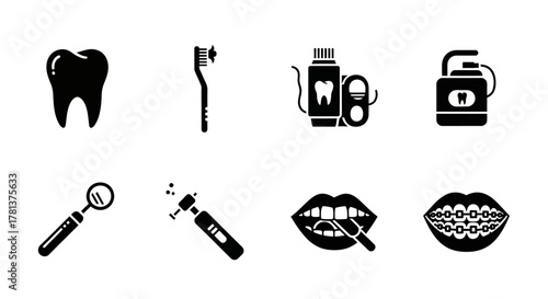 Dental care icons: tooth, brush, floss, mouthwash, magnifying glass, braces