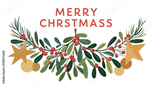 Merry christmas greeting with festive mistletoe holly berries and golden stars on white background