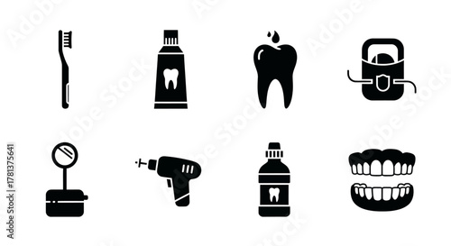 Dental hygiene icons set featuring toothpaste, toothbrush, and floss in silhouette style