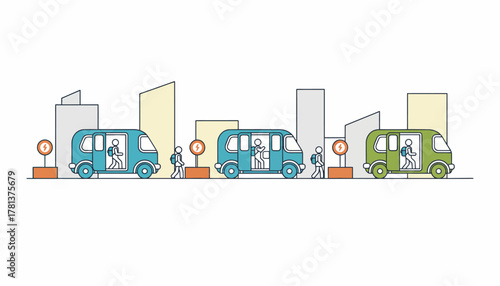 Autonomous electric vehicles navigating through an urban environment stopping at designated smart curbs where passengers can seamlessly enter and exit.