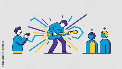 A guitarist passionately playing a solo with the energy visibly flowing through the room while others clap and nod in appreciation.