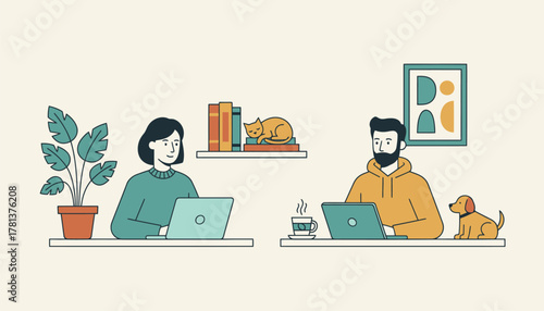 A remote interview scene captured through a candid shot highlighting the personal touches of each participants workspace.