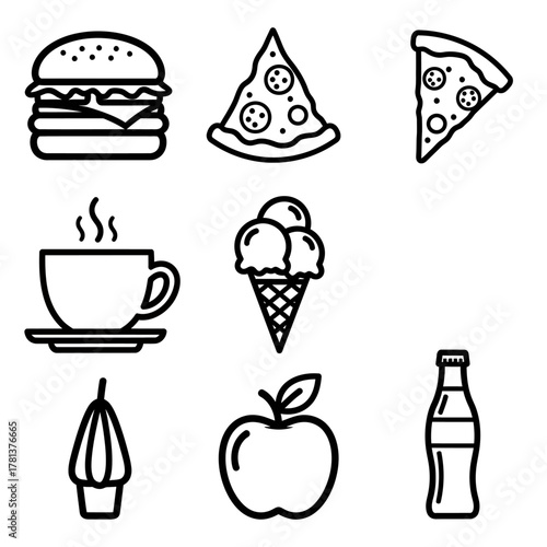 A versatile collection of simple outline icons representing various food and drink items, including a burger, pizza, coffee, and ice cream