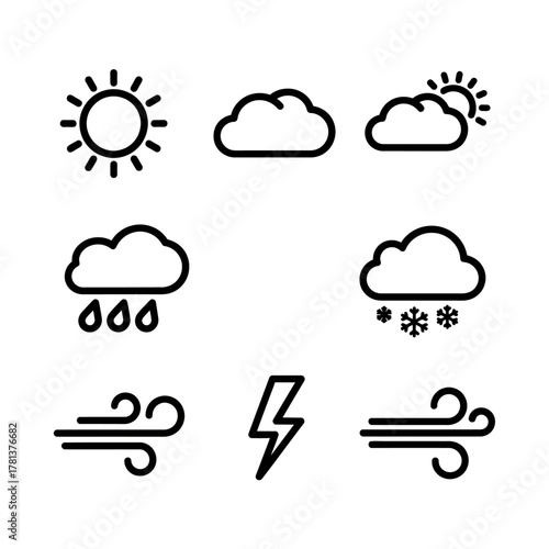 A simple collection of black line art weather icons, including symbols for sun, clouds, rain, snow, wind, and lightning for forecast design