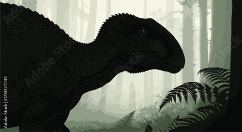 Ancient prehistoric dinosaur lurking in a dense foggy forest landscape