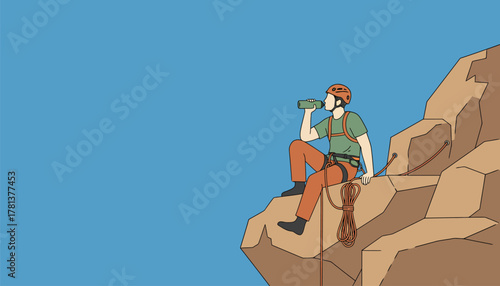 A climber takes a moment to hydrate and rest on a rocky outcrop framed against the blue sky emphasizing the importance of endurance during long climbs.