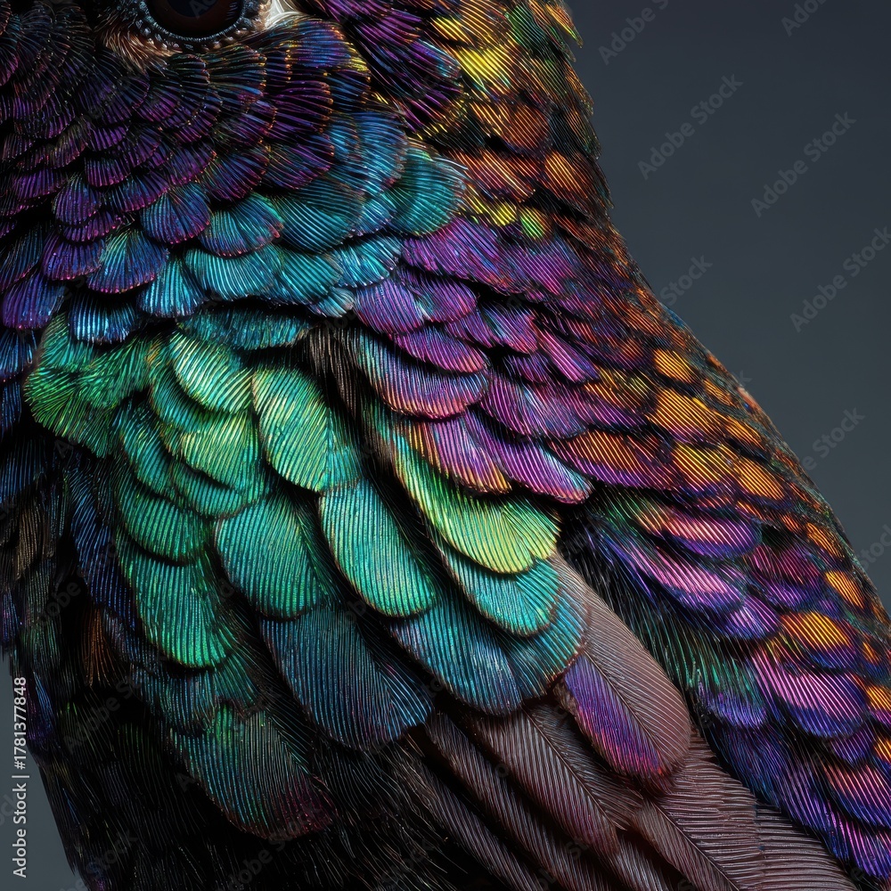 Fototapeta premium Hummingbird Feather Detail Vivid Colors and Textures of Nature's Artistry