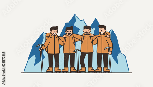 A climber poses with their fellow adventurers at a mountain glacier each person smiling with accomplishment showcasing camaraderie and shared experiences.