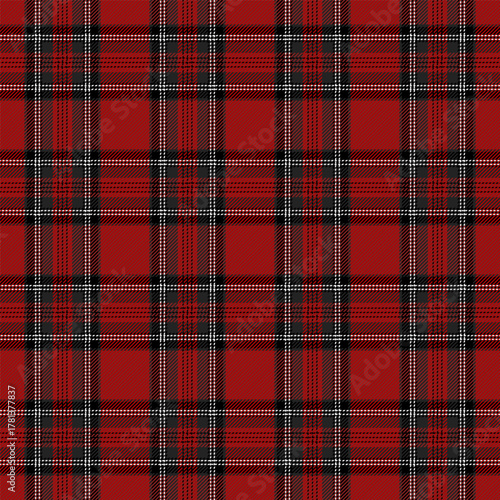 Christmas and new year tartan plaid. Scottish pattern in black, red and white cage. Scottish cage. Traditional Scottish checkered background. Seamless fabric texture. Vector illustration