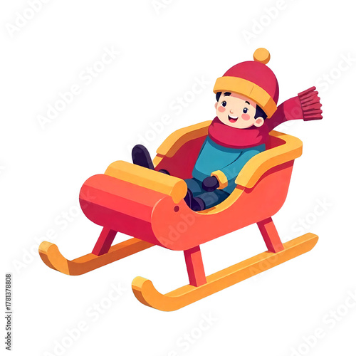 Happy Child Sledding in Winter Cartoon