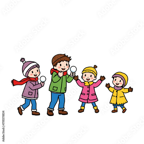 Group of Happy Kids Playing Snowball Fight
